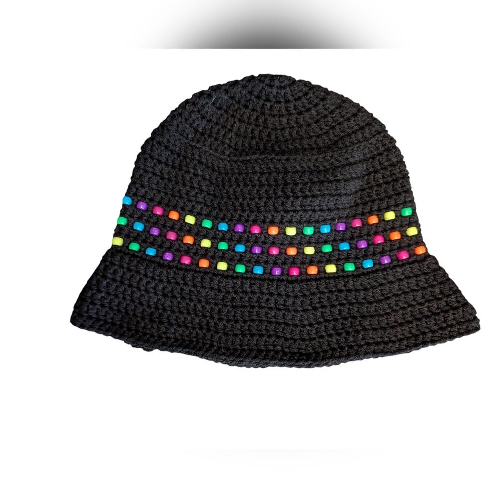 Crochet black and rainbow bucket hat